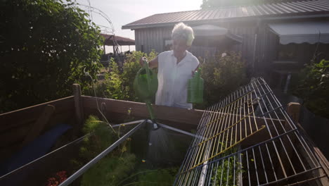 elight-in-the-peaceful-scene-as-an-elderly-woman-tends-to-her-vegetable-garden,-gracefully-watering-plants-with-a-can
