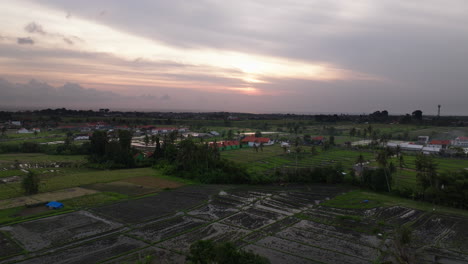 Aerial-view-over-rice-fields-in-Bali-with-vibrant-sunset-sky