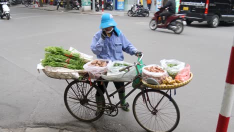 Mobile-Straßenverkäuferin,-Die-Auf-Ihrem-Fahrrad-Frisches-Gemüse-Zum-Verkauf-Transportiert