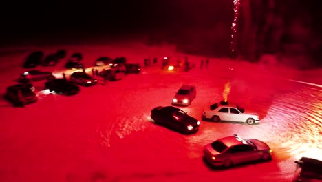 Illegal-winter-racing-gathering-celebration-with-firework-from-car-roof