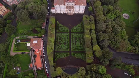 Villa-Aldobrandini-with-maze-garden-aerial-reveal-Frascati,-Italy