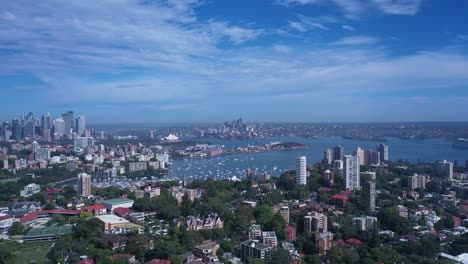 Panorama-Aéreo-Del-Horizonte-De-Sydney-Desde-Los-Suburbios-Del-Este-Con-La-ópera-Harbour-Bridge,-Darling-Point-Y-Rushcutters-Bay-Con-Un-Clima-Soleado-De-Verano-Y-Cielo-Azul