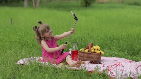 Weekend-at-picnic.-Girl-on-grass-meadow-makes-selfie-on-mobile-phone-with-selfie-stick.-Video-call