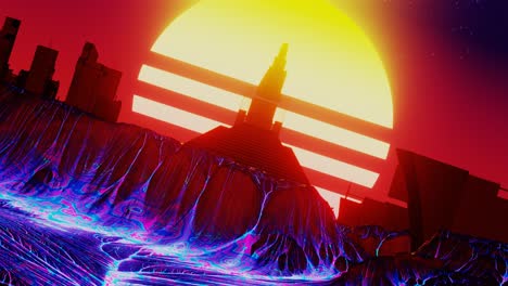 Retro-futurism-city-with-boiling-lava-and-vintage-sun