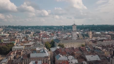 Aerial-drone-footage-of-european-city-Lviv,-Ukraine.-Flight-above-popular-ancient-part-of-old-town