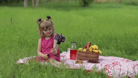 Weekend-at-picnic.-Girl-on-grass-meadow-makes-selfie-on-mobile-phone-with-selfie-stick.-Video-call