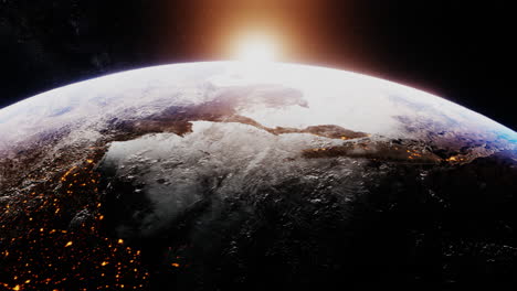 Hermoso-Amanecer-Realista-Sobre-El-Planeta-Tierra-Desde-El-Espacio-Exterior