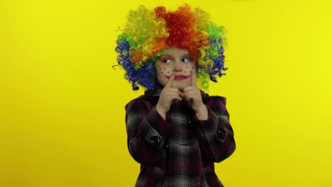 Little-Child-girl-clown-in-colorful-wig-making-silly-face-with-eyes.-Fool-around,-smiling.-Halloween