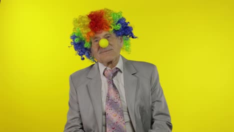 Senior-elderly-clown-businessman-entrepreneur-boss-in-wig-adjusts-yellow-nose