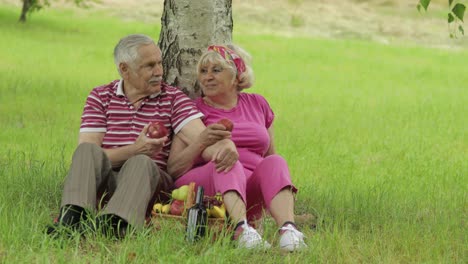 Family-weekend-picnic-in-park.-Active-senior-old-caucasian-couple-sit-on-blanket-and-eating-fruits