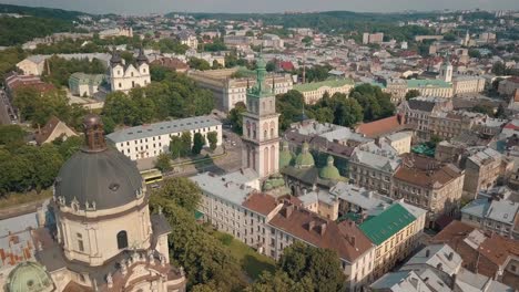 Aerial-drone-video-of-city-Lviv,-Ukraine.-Ancient-Ukraine-Dominican-Church.-Panorama-of-old-town