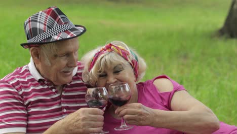 Family-weekend-picnic-in-park.-Senior-old-couple-sit-on-blanket-and-drink-wine.-Making-a-kiss.-Love