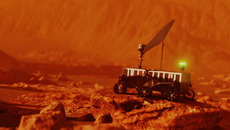 Mars-robotic-rover-on-red-place-surface-searching-for-signal