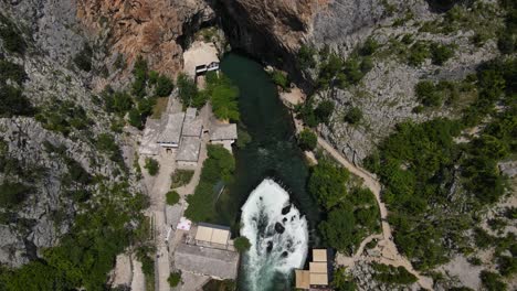 Aerial-view-of-the-Tekke-in-Blagaj-is-a-national-monument,-old-building-built-by-the-water