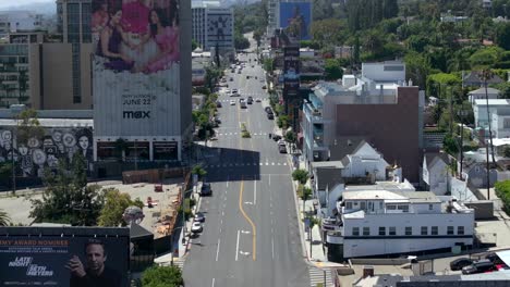 Aerial-View-of-Sunset-Boulevard-Traffic,-Buildings-and-Billboards-on-Hot-Sunny-Day,-LA-California-USA