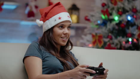 Woman-playing-video-games-with-controller-on-tv-console