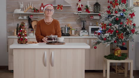 Portrait-of-old-woman-wearing-xmas-hat-celebrating-christmas-season-in-decorated-kitchen