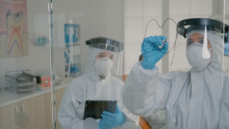 Team-of-stomatologists-wearing-ppe-suits-using-tablet