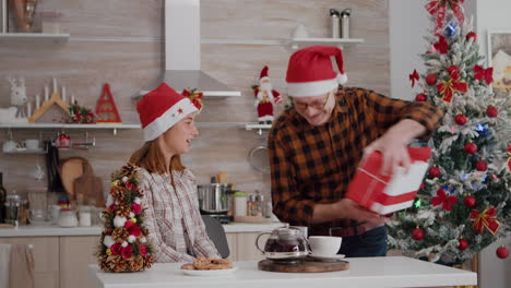 Grandfather-surprising-granddaughter-with-wrapper-present-gift-in-xmas-decorated-kitchen