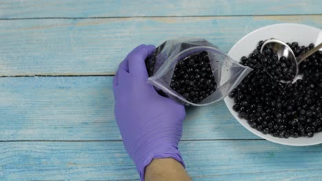 Packing-blueberries-in-zipper-plastic-bags-for-freezing.-Frozen,-preservation-fruits,-berries-food