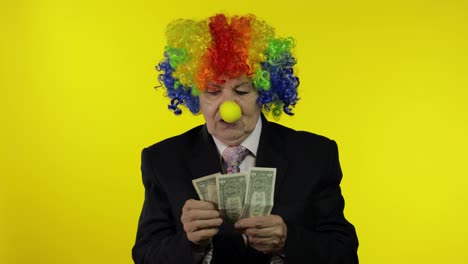 Clown-Freiberuflerin-Mit-Perücke-Hält-Geldeinkommen-Und-Verliert-Es