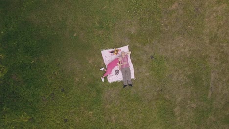Family-weekend-picnic-in-park.-Aerial-view.-Senior-old-couple-lie-on-blanket-on-green-grass-meadow