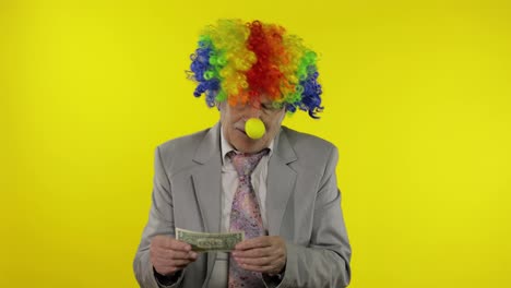 Clown-businessman-freelancer-in-wig-holds-one-buck-money-income-and-loses-it