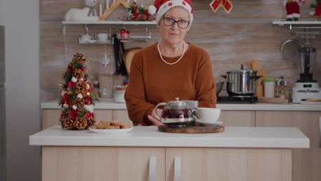 Porträt-Einer-älteren-Frau-Mit-Weihnachtsmütze,-Die-Am-Tisch-In-Der-Weihnachtlich-Dekorierten-Küche-Steht