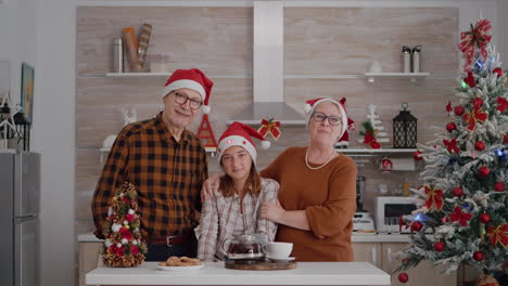 POV-Einer-Glücklichen-Familie-Mit-Weihnachtsmütze,-Die-Entfernte-Freunde-Während-Einer-Online-Videokonferenz-Begrüßt