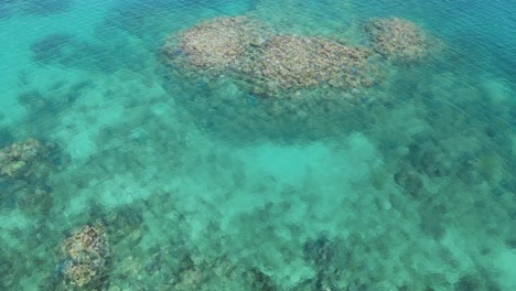 Flying-low-over-a-stunning-coloured-reef-ecosystem-surrounded-by-clear-blue-ocean-water