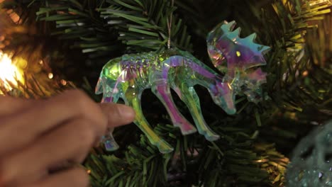 Straightening-iridescent-crystal-elk-decoration-on-christmas-tree