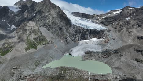 Aerial-Panning-Left-Dawnward-Drone-Shot-of-Fellaria's-Oriental-Lake-and-Glacier---Valmalenco---Sondrio