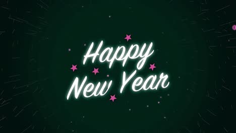 Gráficos-Animados-En-Movimiento-Celebración-Blanca-De-Feliz-Año-Nuevo-Con-Estrellas-Ligeras-Y-Fuegos-Artificiales-Bucle-Alfa-Brillo-De-Partículas-Efecto-Visual-Texto-Título-Fondo-4k-Verde-Oscuro