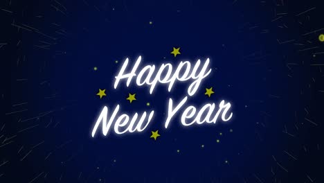 Gráficos-Animados-En-Movimiento-Blanco-Feliz-Celebración-De-Año-Nuevo-Con-Estrellas-Ligeras-Y-Fuegos-Artificiales-Bucle-Alfa-Brillo-De-Partículas-Efecto-Visual-Texto-Título-Fondo-4k-Azul-Marino