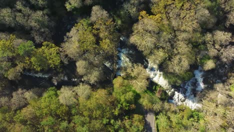 Aerial-View-Of-Río-de-Zas-Waterfall-In-Forest-Mountain,-A-Coruna,-Spain