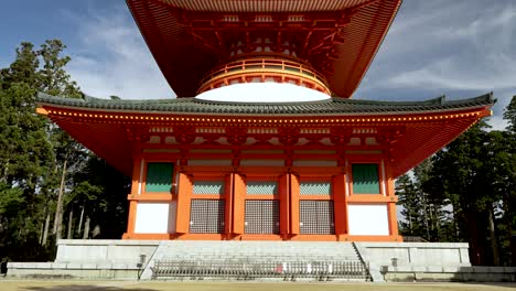 Up-close-Buddhist-temple-Grand-Central-Pagoda-In-Koyasan,-Japan-touristic-attraction