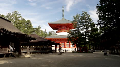 View-Of-Bright-Red-Konpon-Daito-Pagoda-With-Sanko-no-Matsu-Pine-Tree-In-Front-At-Koyasan