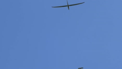 Segelflugzeug-Und-Motorflugzeug-Fliegen-An-Klaren,-Hellen-Tagen-Am-Himmel