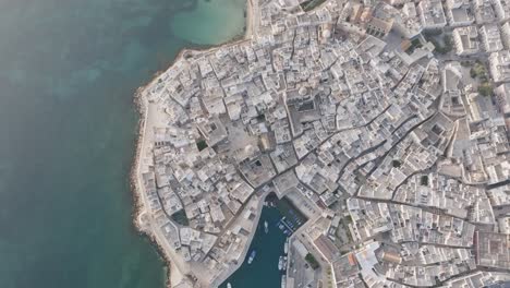 Wide-top-down-aerial-side-to-side-pan-of-the-town-of-Monopoli-in-the-light-of-the-morning-in-Italy
