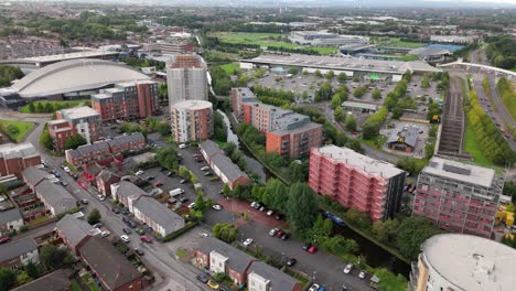 Aerial-view-of-Manchester-National-Cycling-Centre-next-to-Ashton-canal,-Manchester
