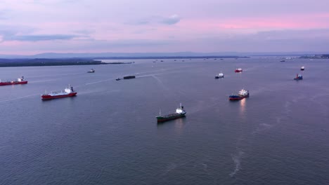 Panoramic-View-Of-Oil-Tanker-Ships-Navigating-Near-Port-of-Balikpapan-In-East-Kalimantan,-Indonesia