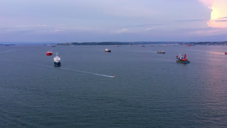 Vessel-Oil-Tankers-At-The-Sea,-Port-Of-Balikpapan-In-Kalimantan,-Indonesia---Drone-Shot