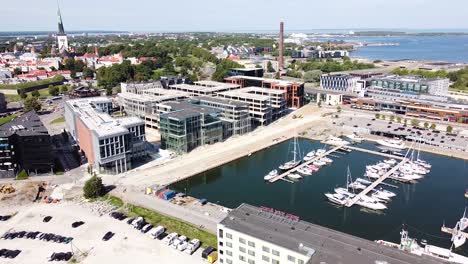 Modern-pier-and-buildings-in-Tallinn-city,-aerial-drone-view