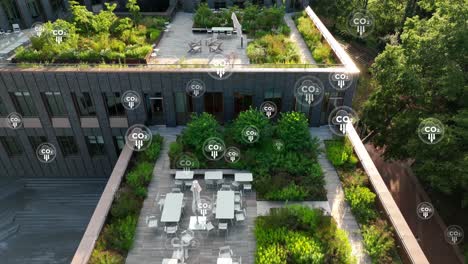CO2-icon-over-aerial-view-of-rooftop-garden-in-American-city
