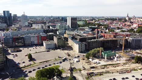 Sadama-district-of-Tallinn-city-on-sunny-day,-aerial-drone-view