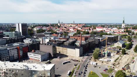 Beautiful-cityscape-of-Tallinn-on-sunny-day,-aerial-drone-view