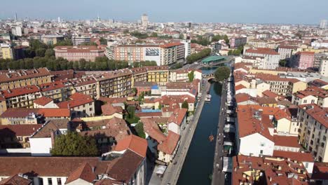Iconic-canal-system-of-Navigli-in-Milan-city,-aerial-view
