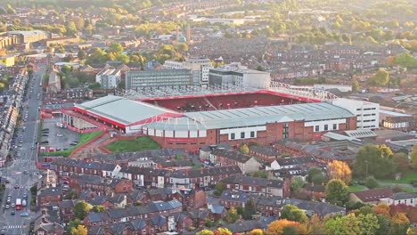 Wide-rising-aerial-of-Bramall-Lane-soccer-stadium-in-Sheffield,-UK