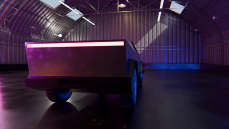Cybertruck-In-Einem-Futuristischen-LED-beleuchteten-Hangar