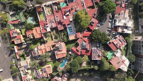 Metropolitan-Homes,-aerial-exploration-of-Southern-Mexico-City,-Coyoacan